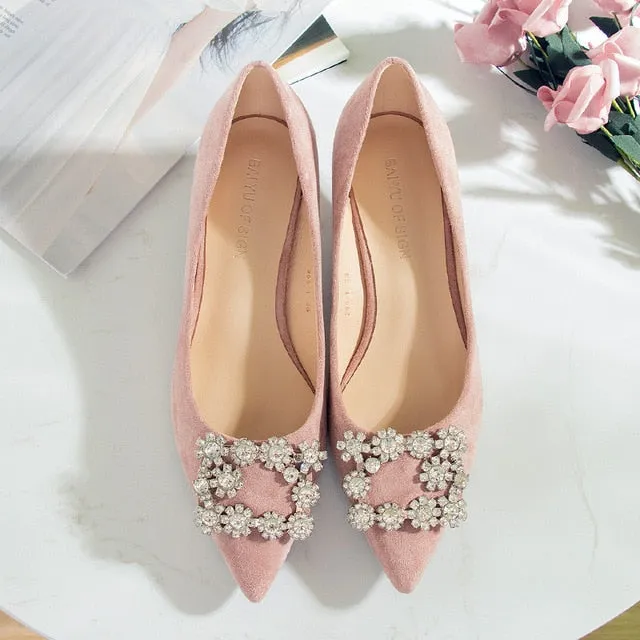 Shoes Woman 3.5cm High Heels Shoes Women Buckle Rhinestone Flock Point Toe Party Small Heels Sandals Office Lady Dress Pump Shoe
