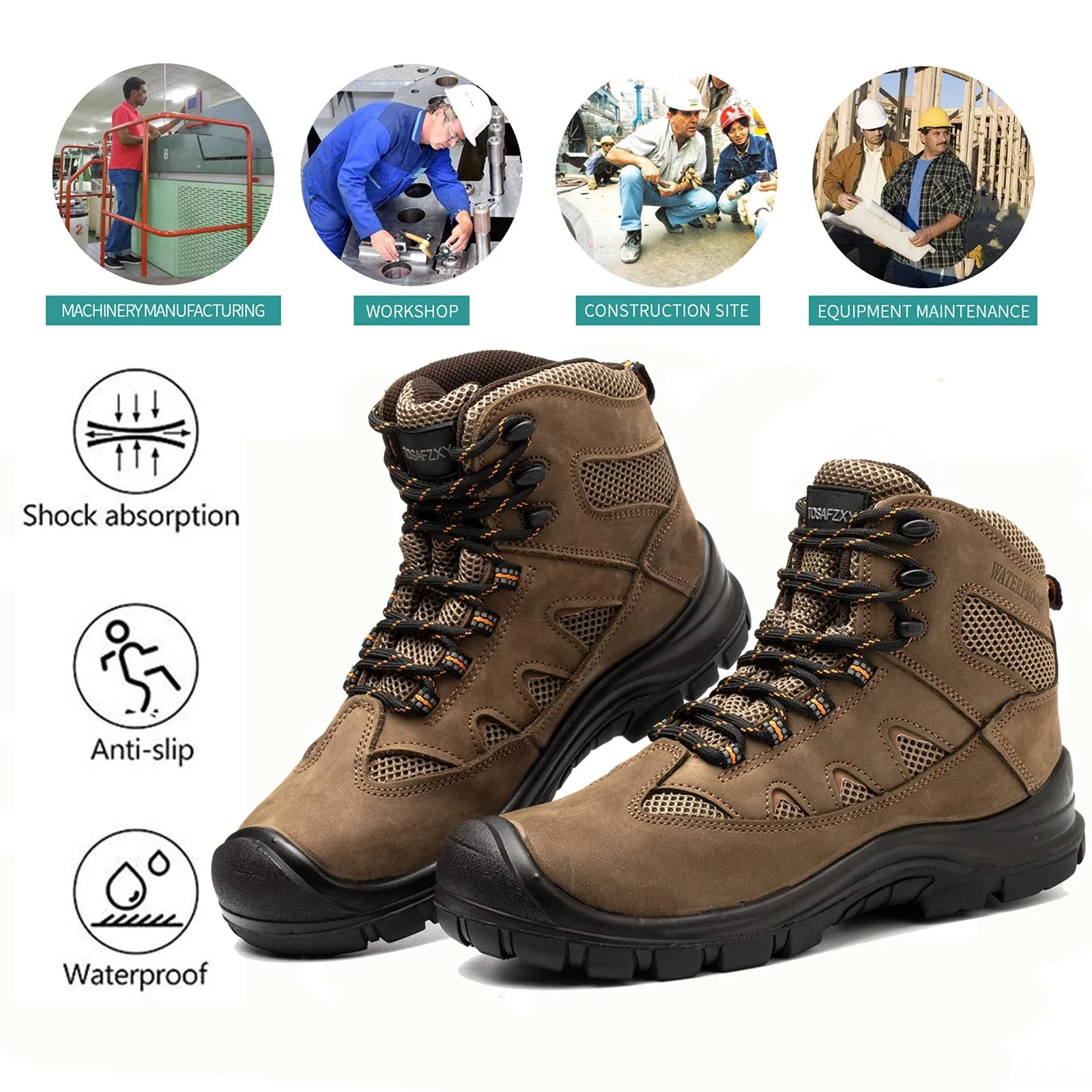 TOSAFZXY Work Safety Boots Crazy Horse Leather Indestructible Steel Toe Waterproof