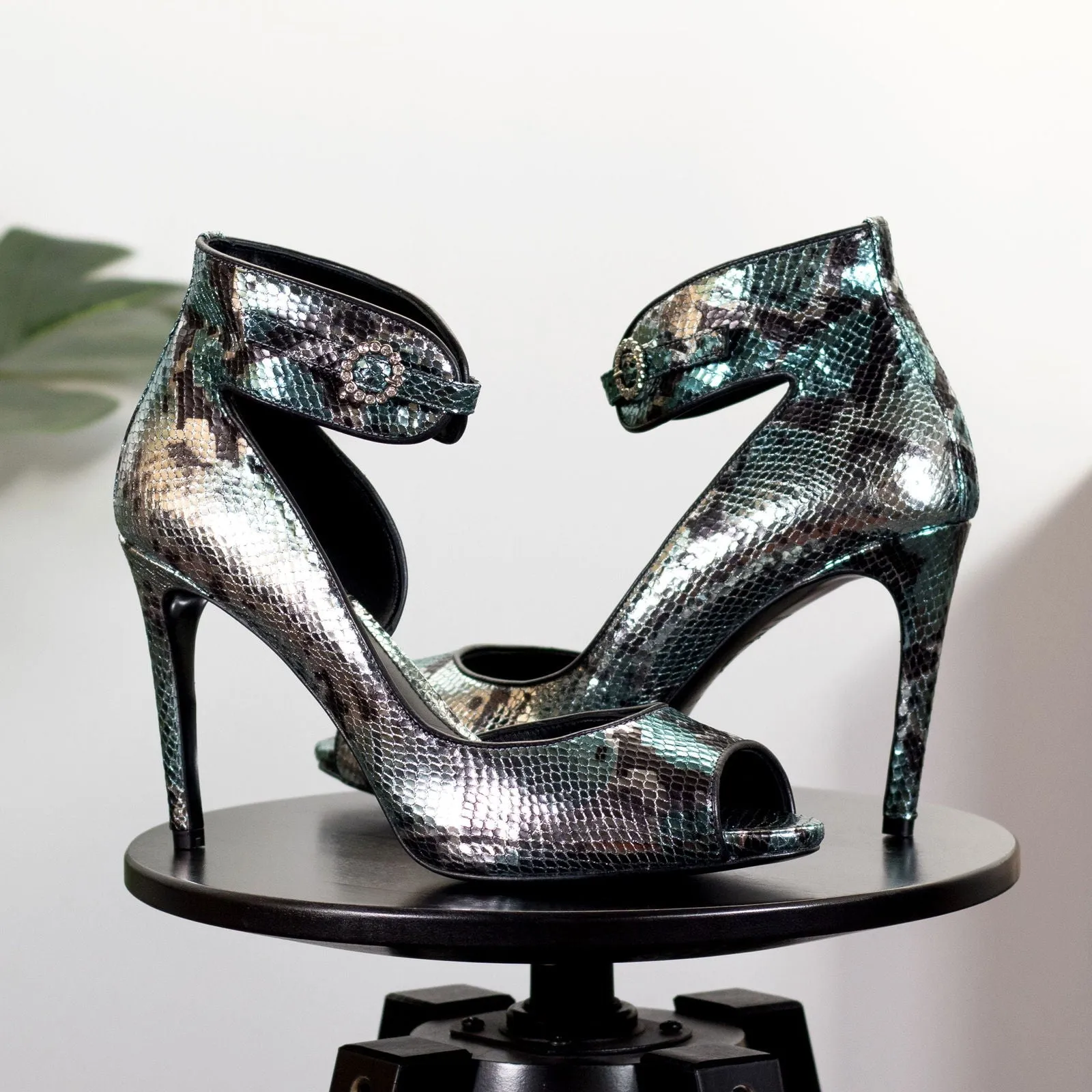 Women's Ibiza Ankle Strap Leather Heels Wide Plus Size Luxury Black 5882